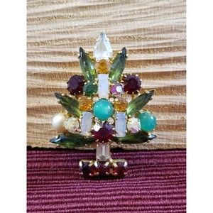 Vintage Unsigned Multi Colored Faux Pearl, Rhinestone, Bead Tree Pin/Brooch